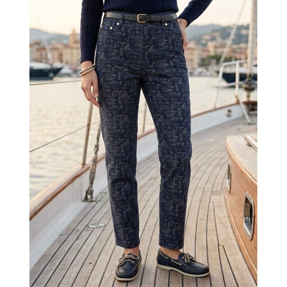 LRL Ralph Lauren Pants Women 10 (30x26) Navy Nautical Sailboat Print Stretch